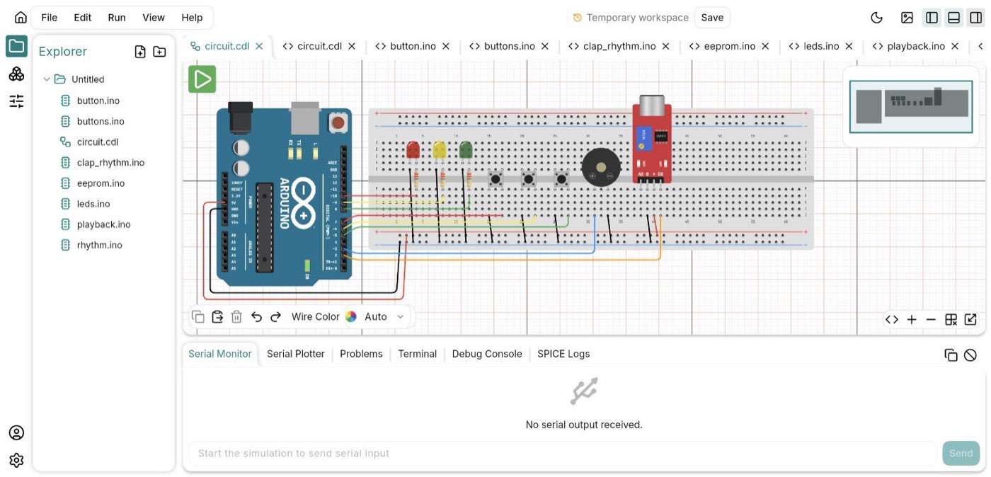 The PinBench canvas showing the clap-rhythm example: an Arduino Uno wired across a breadboard to three LEDs, three push buttons, a piezo buzzer and a microphone module.